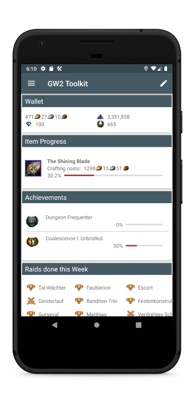 Smartphone showing the homescreen of GW2 Toolkit